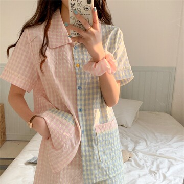 棉korea夏季新款睡衣女套装撞色格子柔软可爱外穿韩系学生家居服