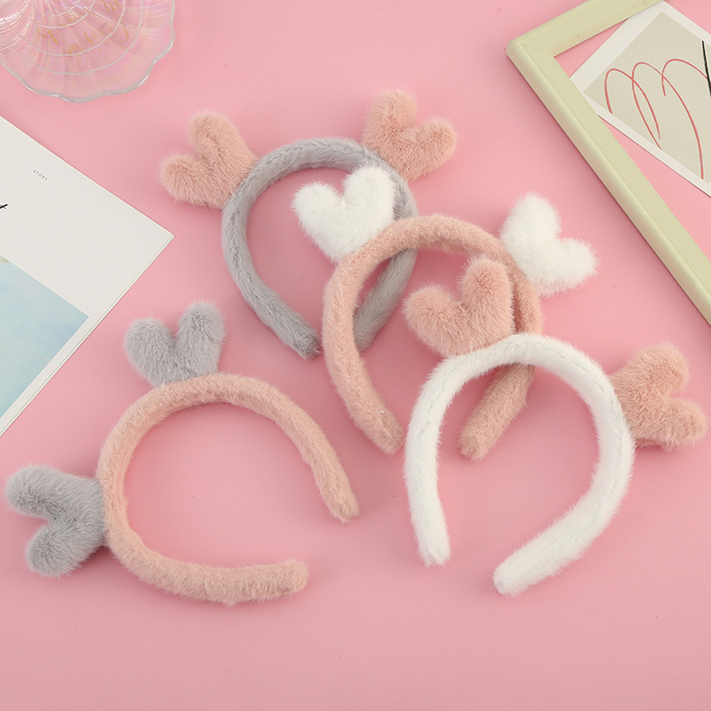 Simple Love Small Antlers Fluffy Hair Band Candy Color Face Wash Bandeau Headband Hairpin Hair Pressing Headwear Wholesale