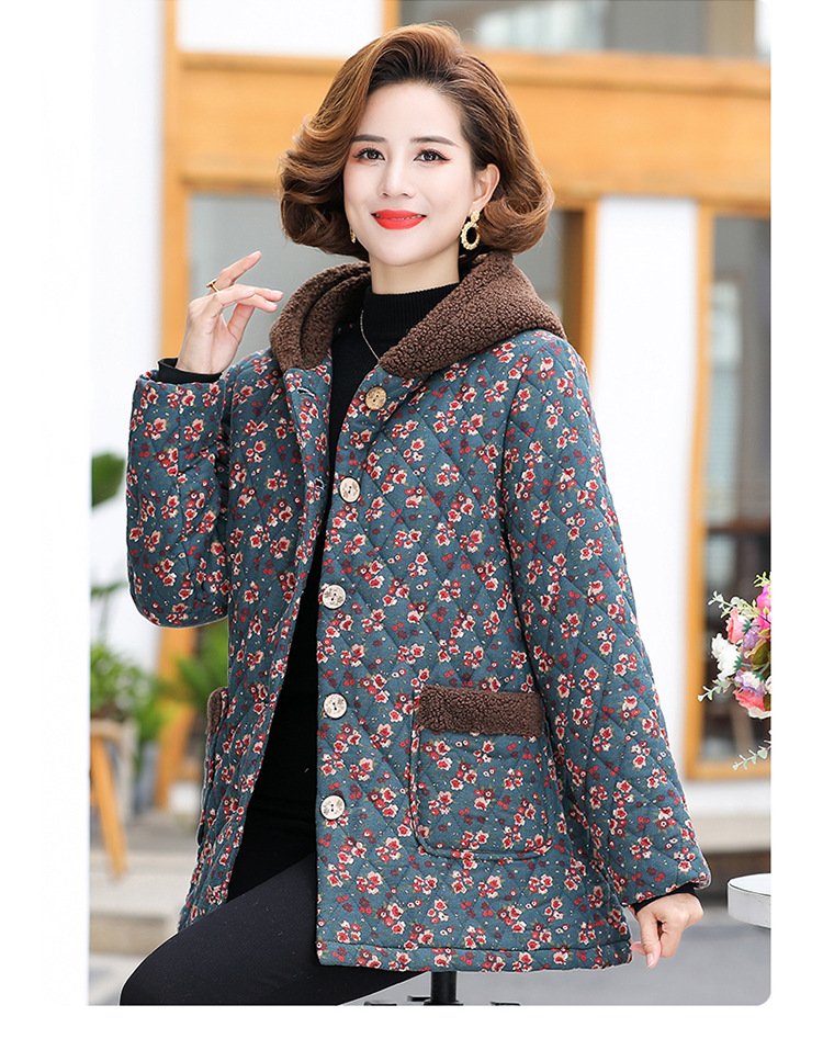 妈妈装新款冬季中老年女装碎花连帽加大码中长款加厚加绒棉衣棉服