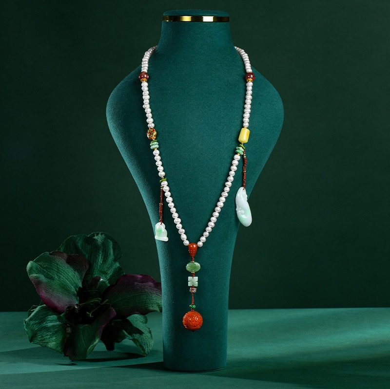 108 Natural Freshwater Pearl Necklace Female South Red Fret Beads Rich Auspicious Pendant Emerald Jasper Sweater Chain