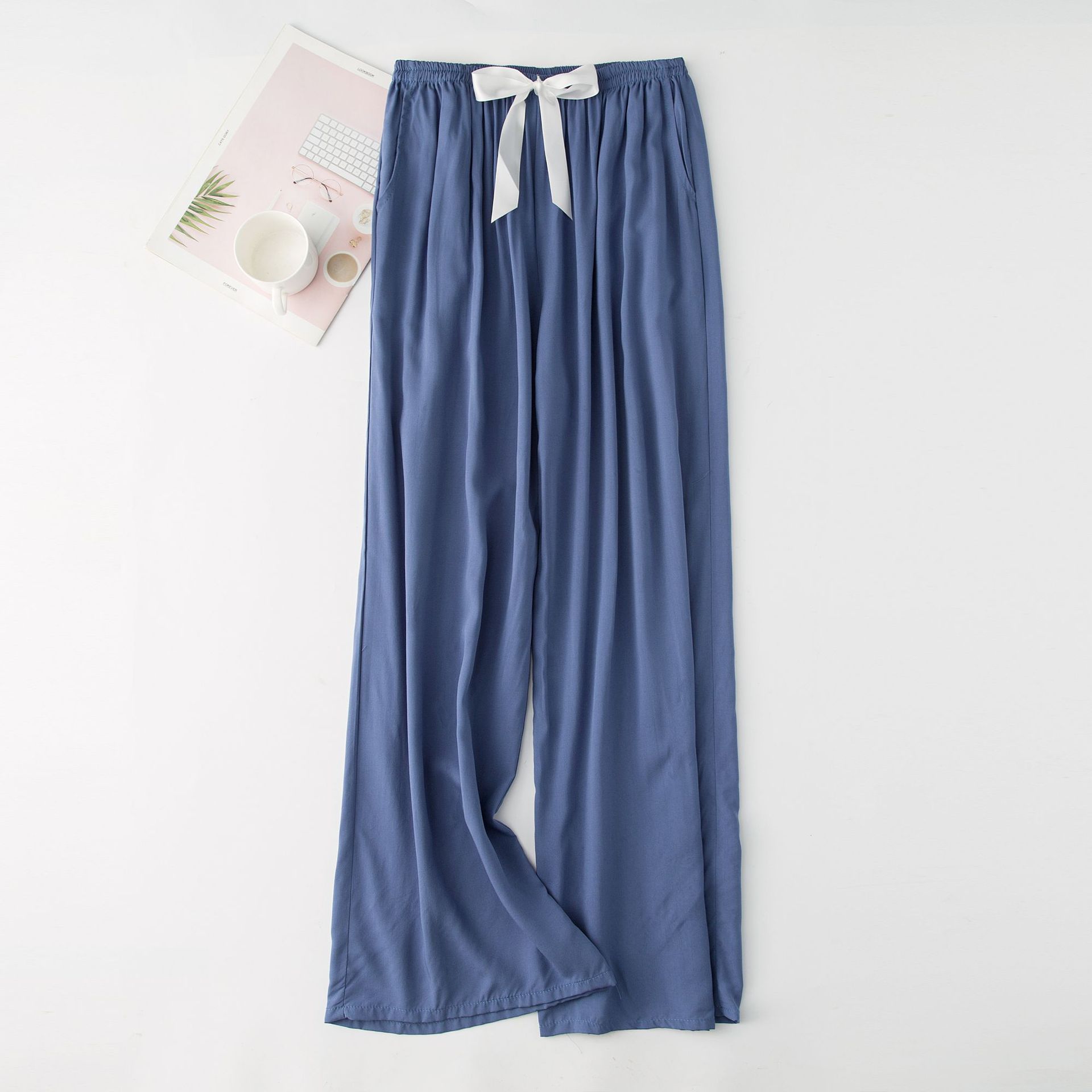 Women's Cotton Silk Pajama Pants Summer New Solid Color High Waist Candy Wide-Leg Pants Thin with Pockets Can Be Worn outside Pocket Trousers