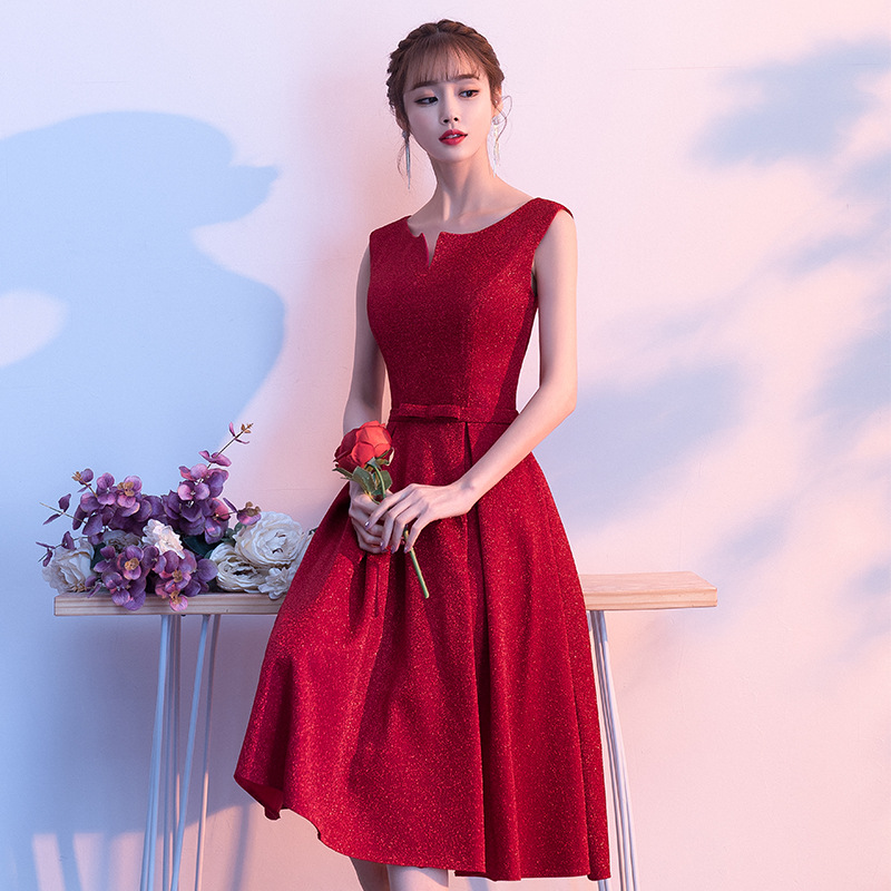 新娘敬酒服红色订婚结婚晚礼服女修身气质中长款主持人宴会连衣裙