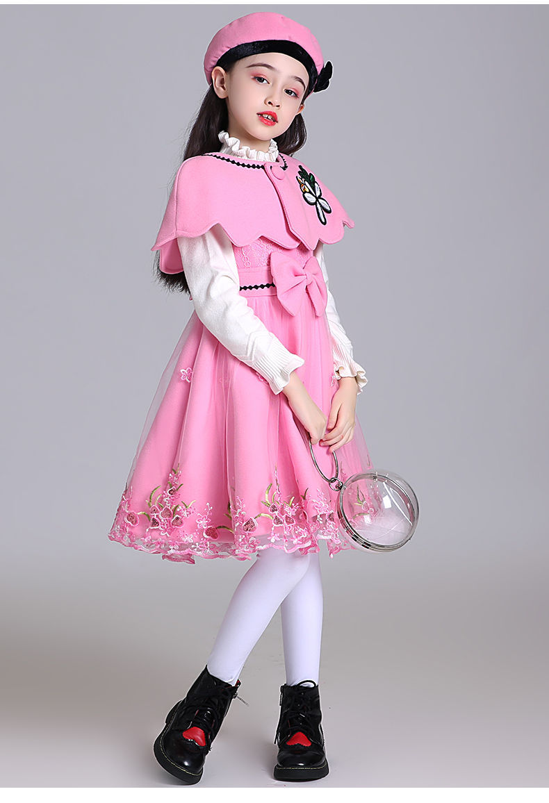 女童毛呢连衣裙秋冬装呢子三件套装儿童粉色公主裙小女孩2020新款