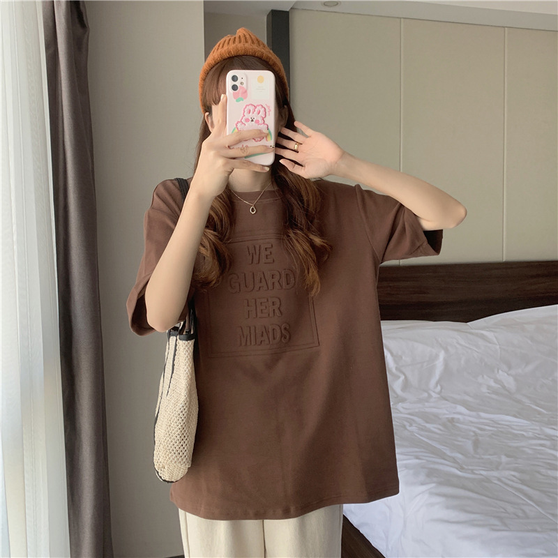 BF Style Mid-Length Short-Sleeved T-shirt for Women 2022 Spring and Summer New Loose Slimming Concave-Convex Letter Underwear Blouse Top Fashion