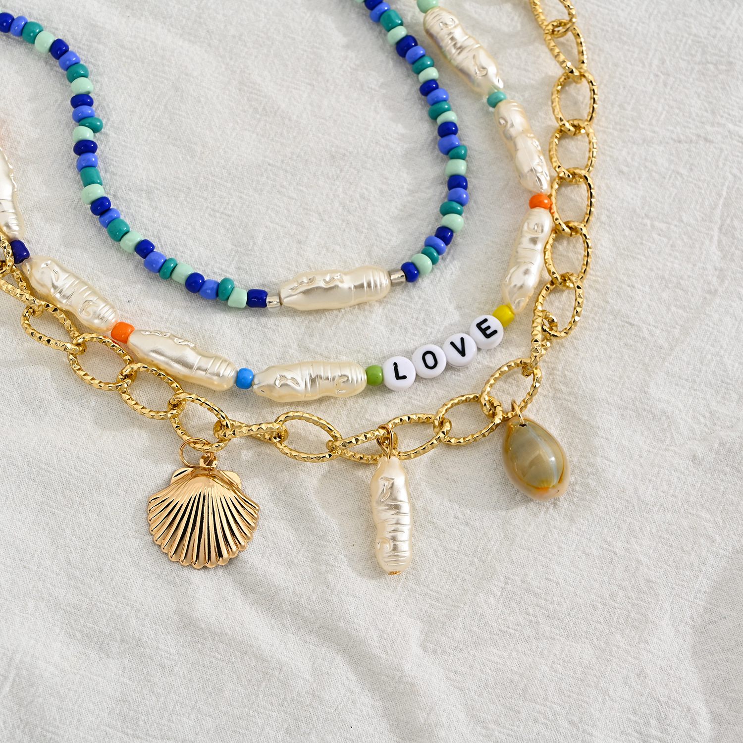 欧美波西米亚民族风多层米珠项链 海边度假贝壳吊坠时尚颈链项链