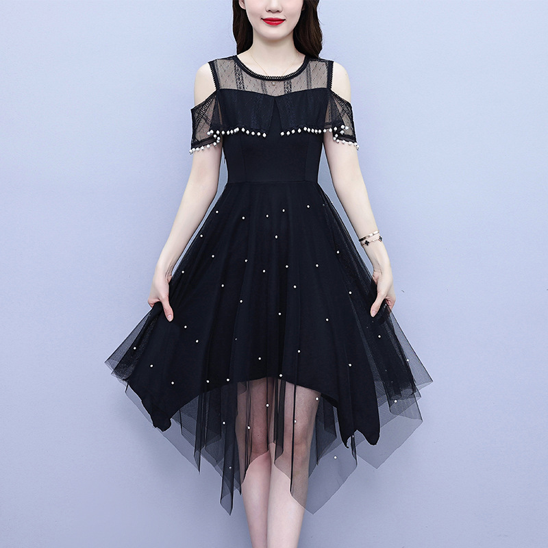 大码女装2023夏季新款蕾丝拼接性感露肩显瘦淑女网纱钉珠连衣裙女