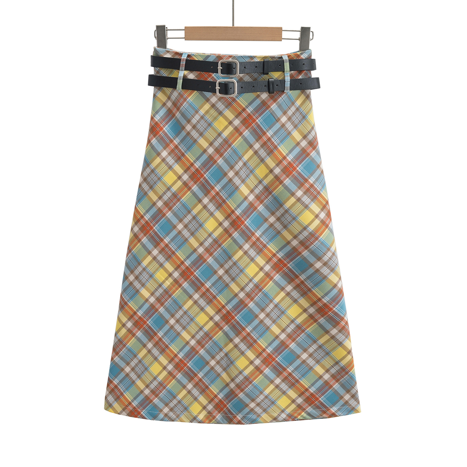 ap23306-23秋季新款 法式复古双腰带斜纹格子半身裙逛街休闲长裙