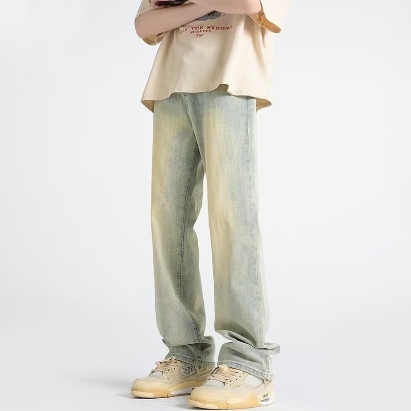 黄泥色牛仔裤男秋季复古宽松阔腿直筒裤水洗做旧痞帅裤子一件代发