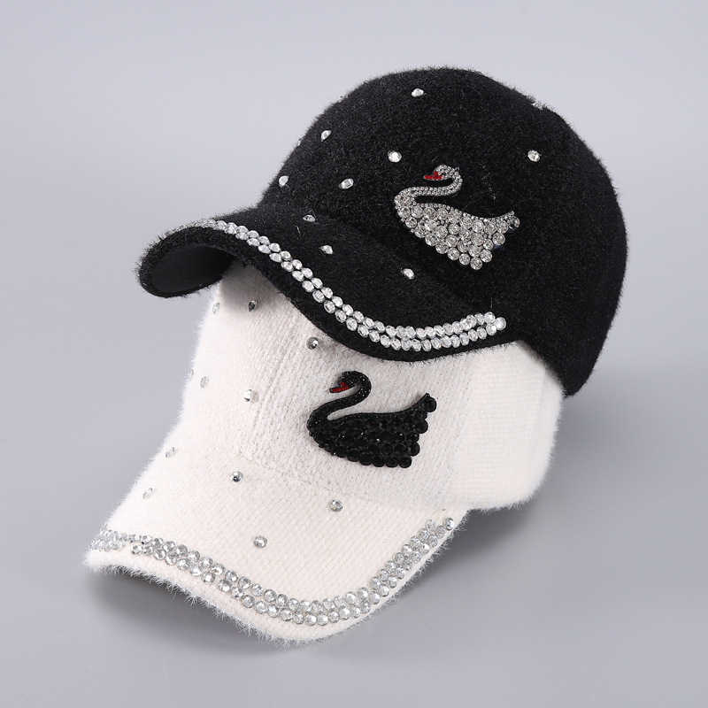 跨境亚马逊新款带钻棒球帽冬季毛呢优雅天鹅保暖工厂