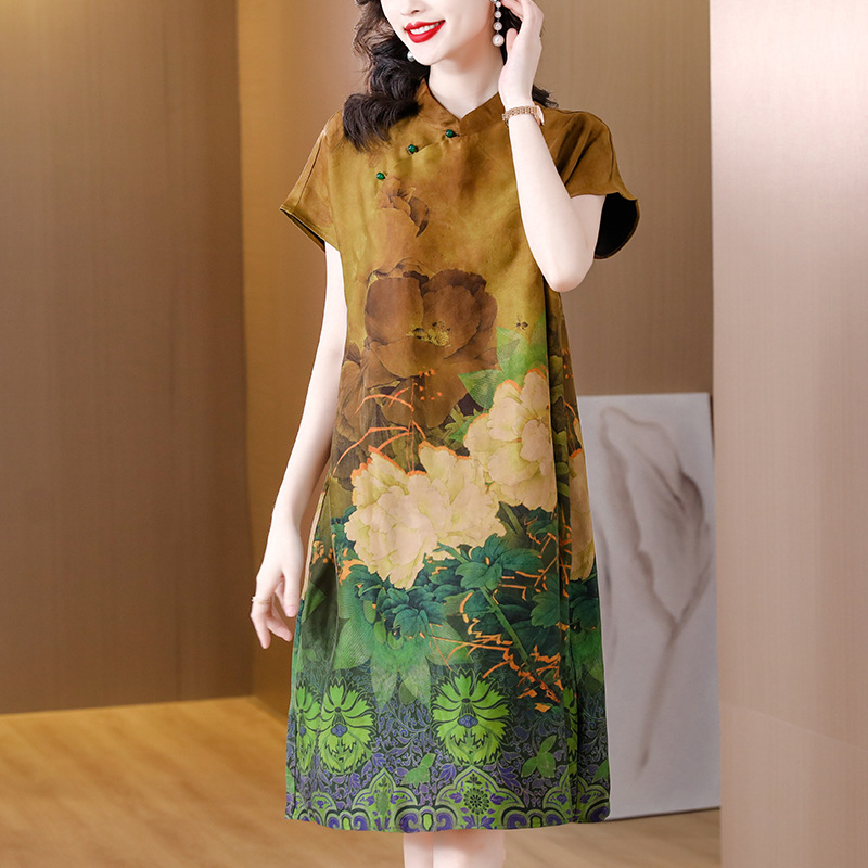 New Chinese Cheongsam Gambiered Guangdong Silk Dress 2023 New Retro Color Mid-Length Mulberry Silk Silk Dress