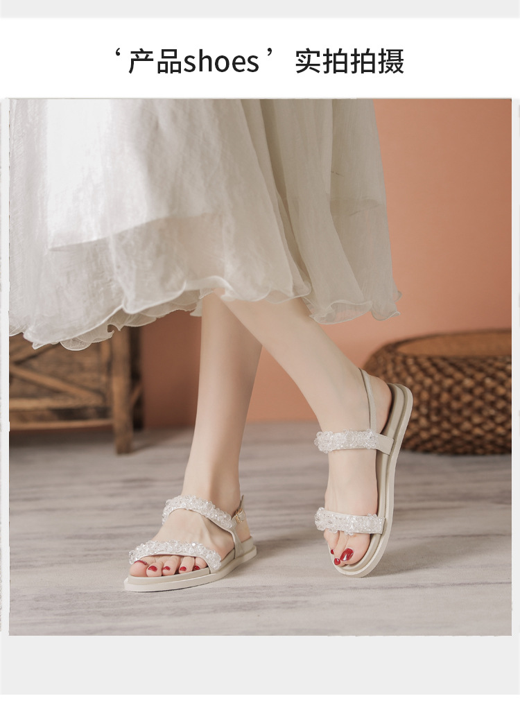 凉鞋女手工珠花水晶平底女鞋一字扣带学生软底仙女鞋时尚外穿代发