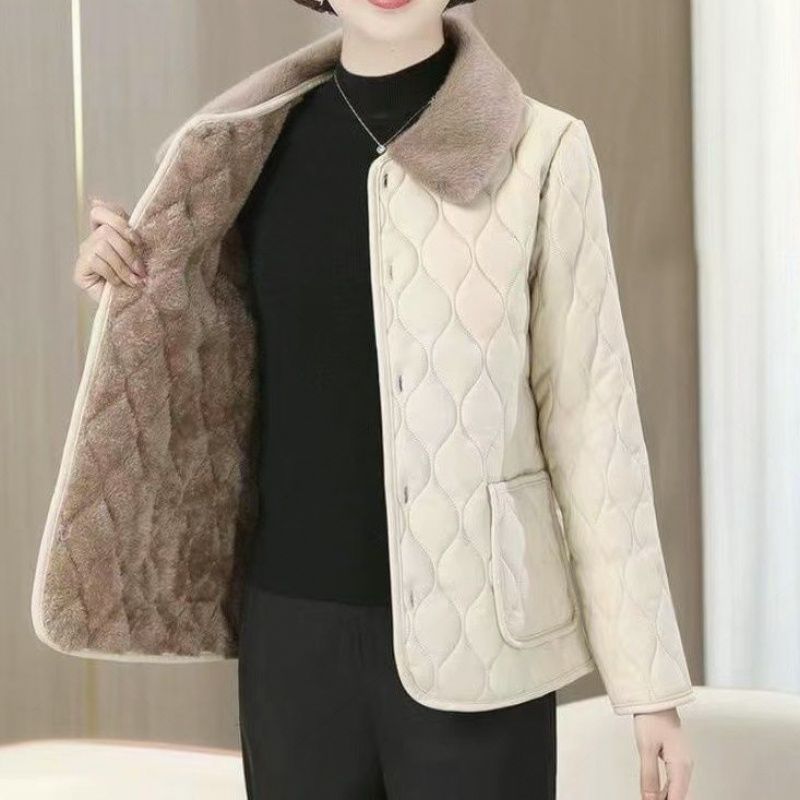 新款妈妈装冬季加绒棉衣外套中年女时尚百搭款免洗皮棉袄宽松上衣