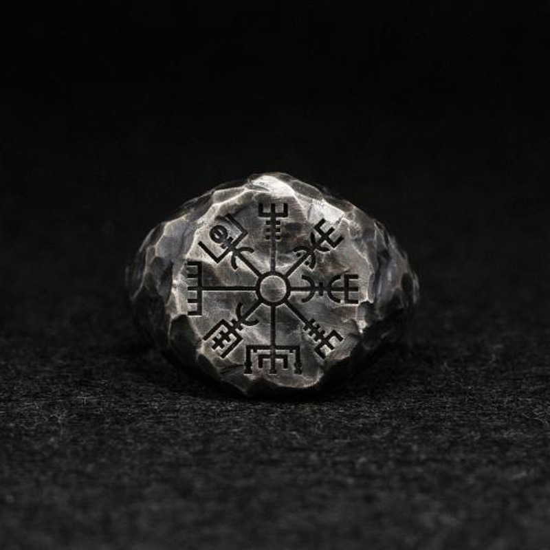 Russian New Vegvisir ∞ Hand Made Retro Nordic Viking Text Carving Compass S925 Marcasite Ring