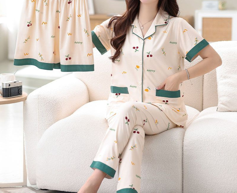 %高档新品睡衣女士夏秋季开衫短袖长裤宽松甜美家居服三件套装