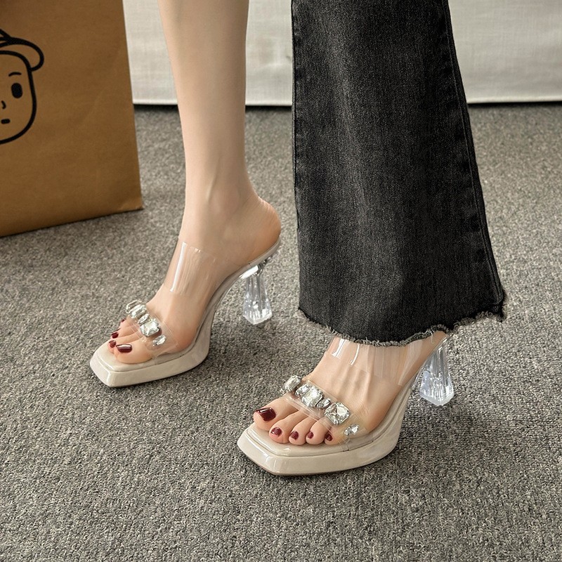 large size high heel slippers women‘s 2024 new fashion crystal waterproof platform women‘s slippers stiletto rhinestone women‘s sandals 41