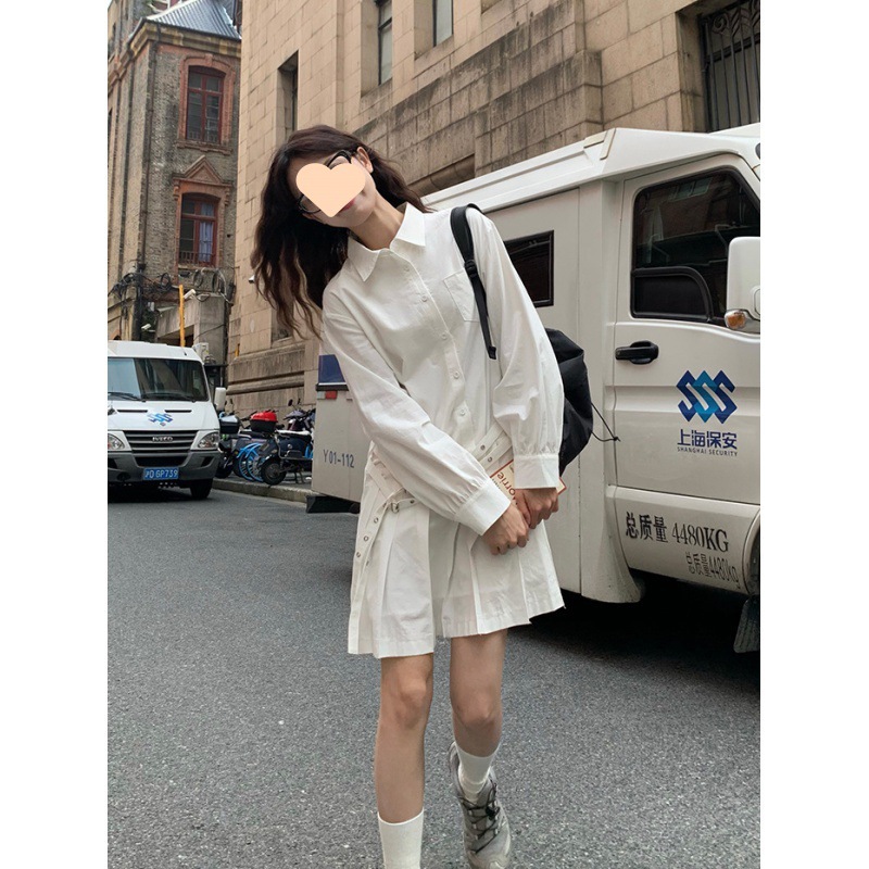 韩系腰带装饰假两件连衣裙春秋新款冬季内搭女小个子