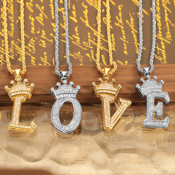跨境26个英文字母嘻哈皇冠镶钻吊坠时尚铜镶锆石字母项链配饰批发