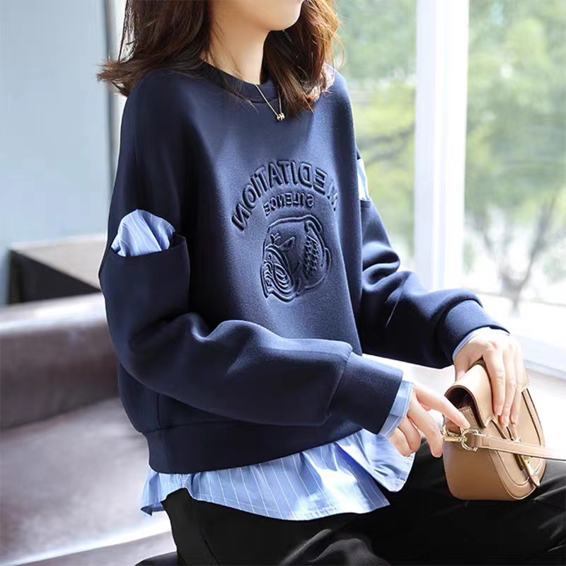 European Station European Goods Trendy Big Brand Label Cut Women's Clothes Clearance Single Product Sample Clothes Spring and Autumn Thin False Two-Piece Patchwork Sweater Fashion