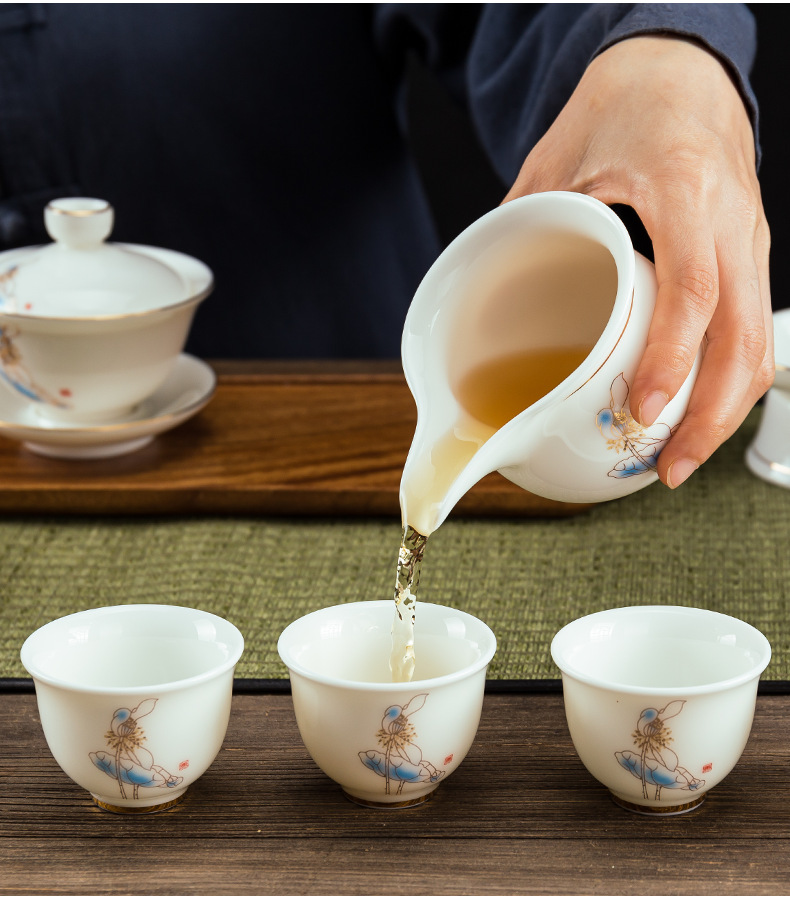 羊脂玉功夫茶具套装德化白玉瓷家用会客描金茶壶盖碗茶杯整套礼盒
