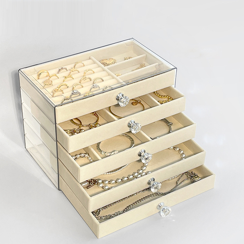 高档5层抽屉式绒布首饰盒桌面亚克力饰品收纳多格分类整理