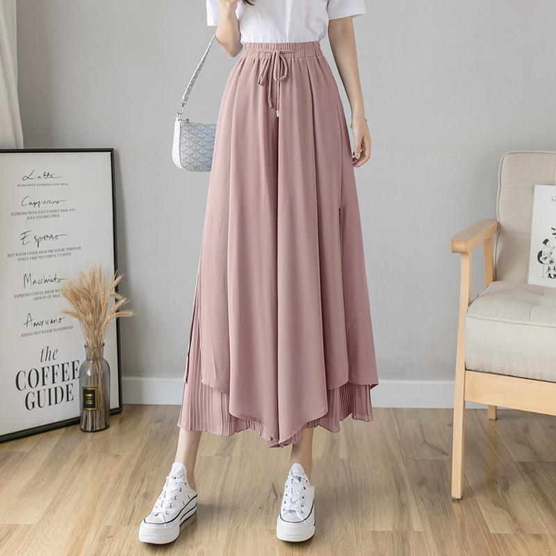 Real Shot Chiffon Wide-Leg Pants Women's 2024 Summer High Waist Culottes Loose Drooping Elegant Cropped Pleated Divided Skirt