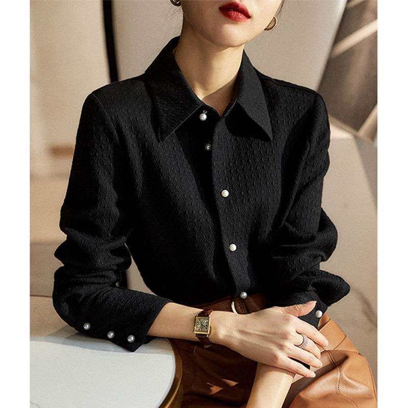 黑色衬衣女2022年春季新款珍珠纽扣上衣设计感小众职业气质衬衫女