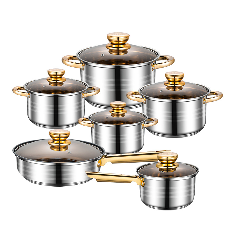 Foreign Trade Stainless Steel Pot 12-Piece Set Golden Handle Double Bottom Non-Stick Pan Soup Pot Cross-Border Pot Set Pot