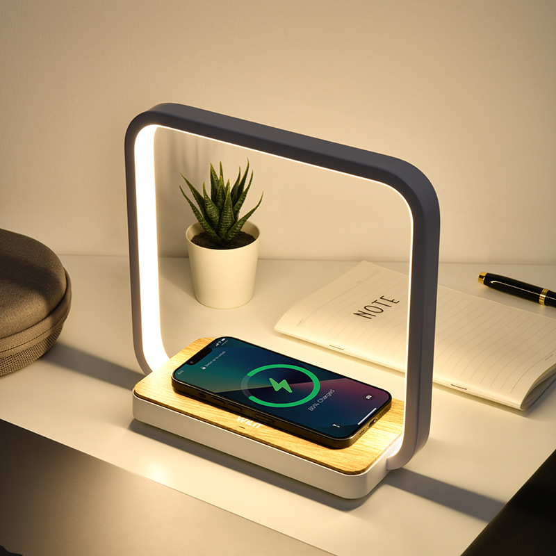 Wood Grain Mobile Phone Wireless Charger Table Lamp Large Frame Bluetooth Headset Charging Multifunctional Learning Bedside Eye-Protection Lamp