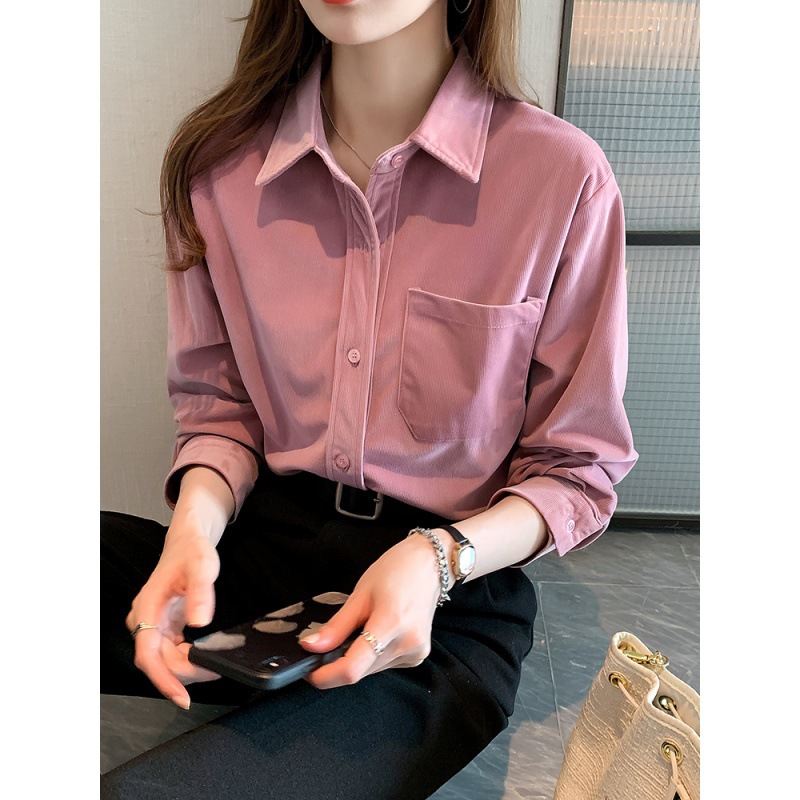 灯芯绒衬衫女秋冬2024秋季新款轻熟法式小众宽松内搭叠穿衬衣