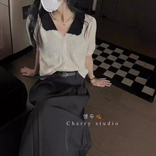 设计感撞色翻领针织开衫女2024年夏季新款韩版减龄短款短袖上衣潮