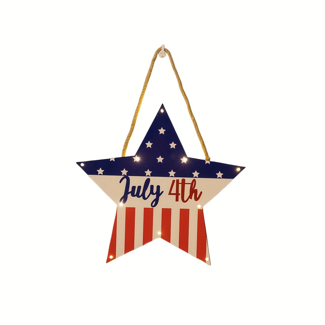 New Independence Day Luminous Five-Pointed Star Pendant American Independence Day Wooden Doorplate Decoration Tag