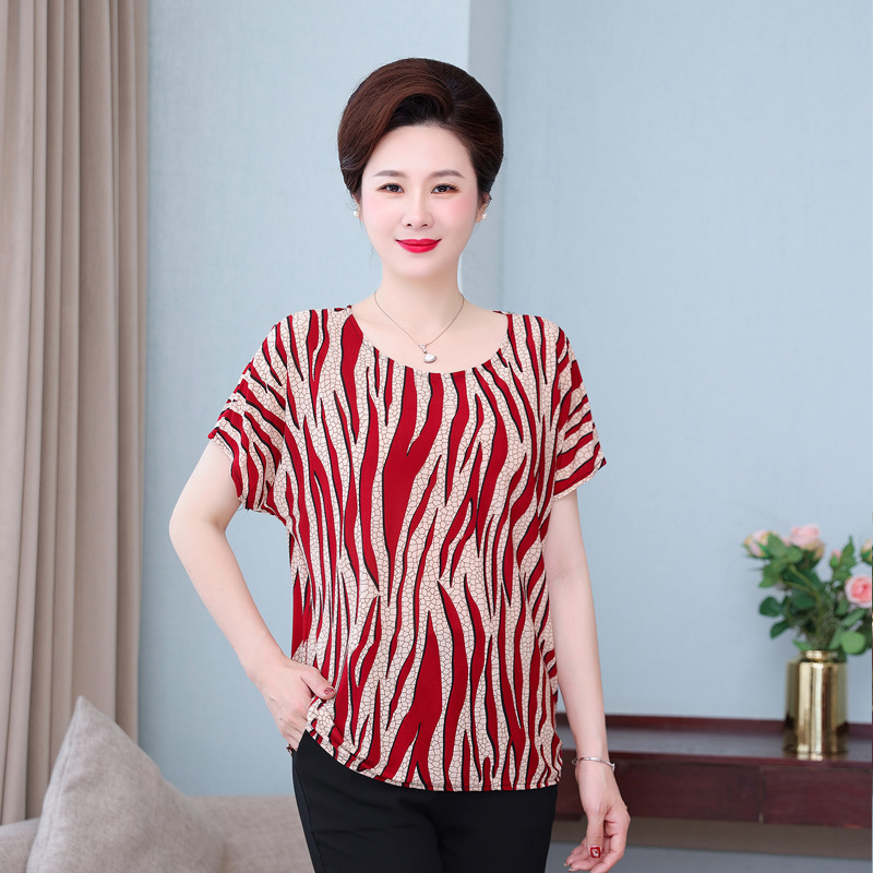 Middle-Aged and Elderly Batwing Sleeve plus and Extra Size Mom Wear 100.00kg Elderly T-shirt Top Short-Sleeved Summer Clothes Women's Milk Silk