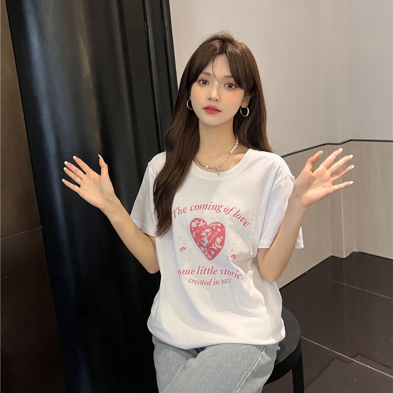 短袖t恤女夏季2024年新款日系复古纯棉宽松圆领印花半袖上衣女t恤