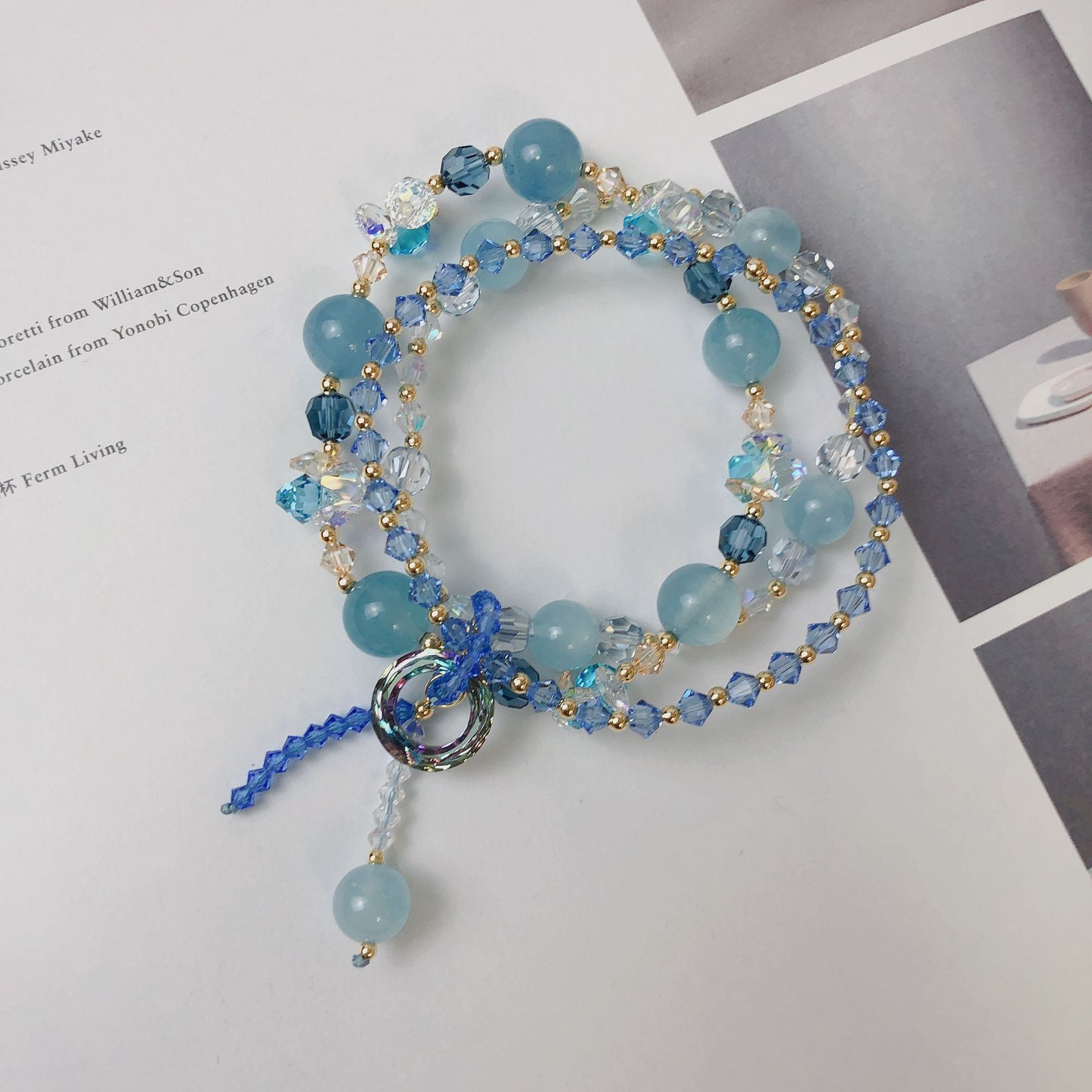 天然海蓝宝手链三圈奥地利水晶手串手工diy串珠饰品配饰首饰礼品