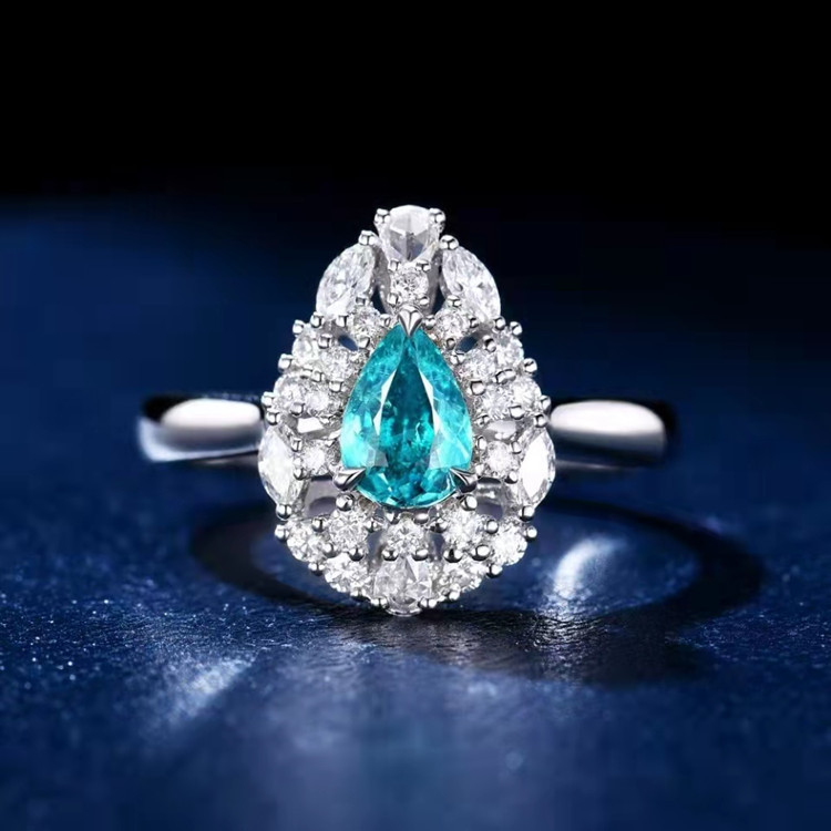 电光蓝小水滴18k金马眼状钻石镶嵌0.51ct天然帕拉伊巴宝石戒指