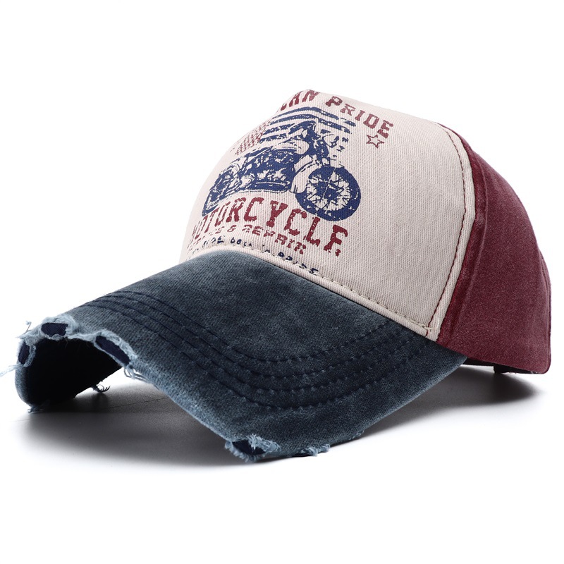 跨境美式帽子复古机车棒球帽户外休闲夏季破洞磨边软顶鸭舌帽男款