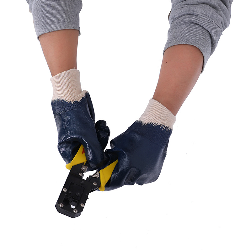 Screw Blue Nitrile Gloves Wholesale Warm with Velvet Dipped Non-Slip Protective Gloves Wear-Resistant Oil-Resistant Protective Gloves