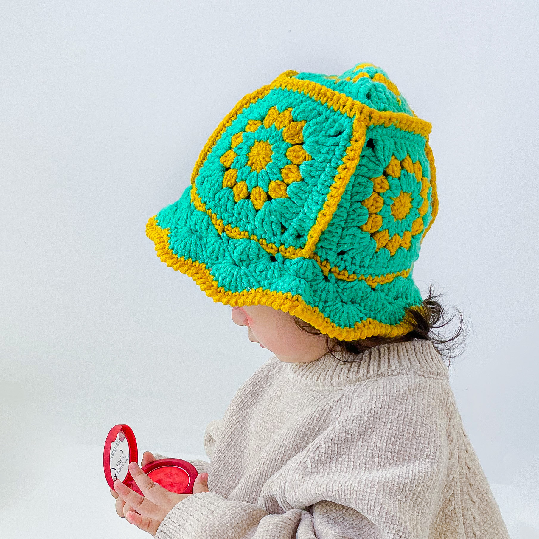 复古风儿童镂空毛线帽手工编织包头帽子渔夫帽女宝宝针织花边盆帽