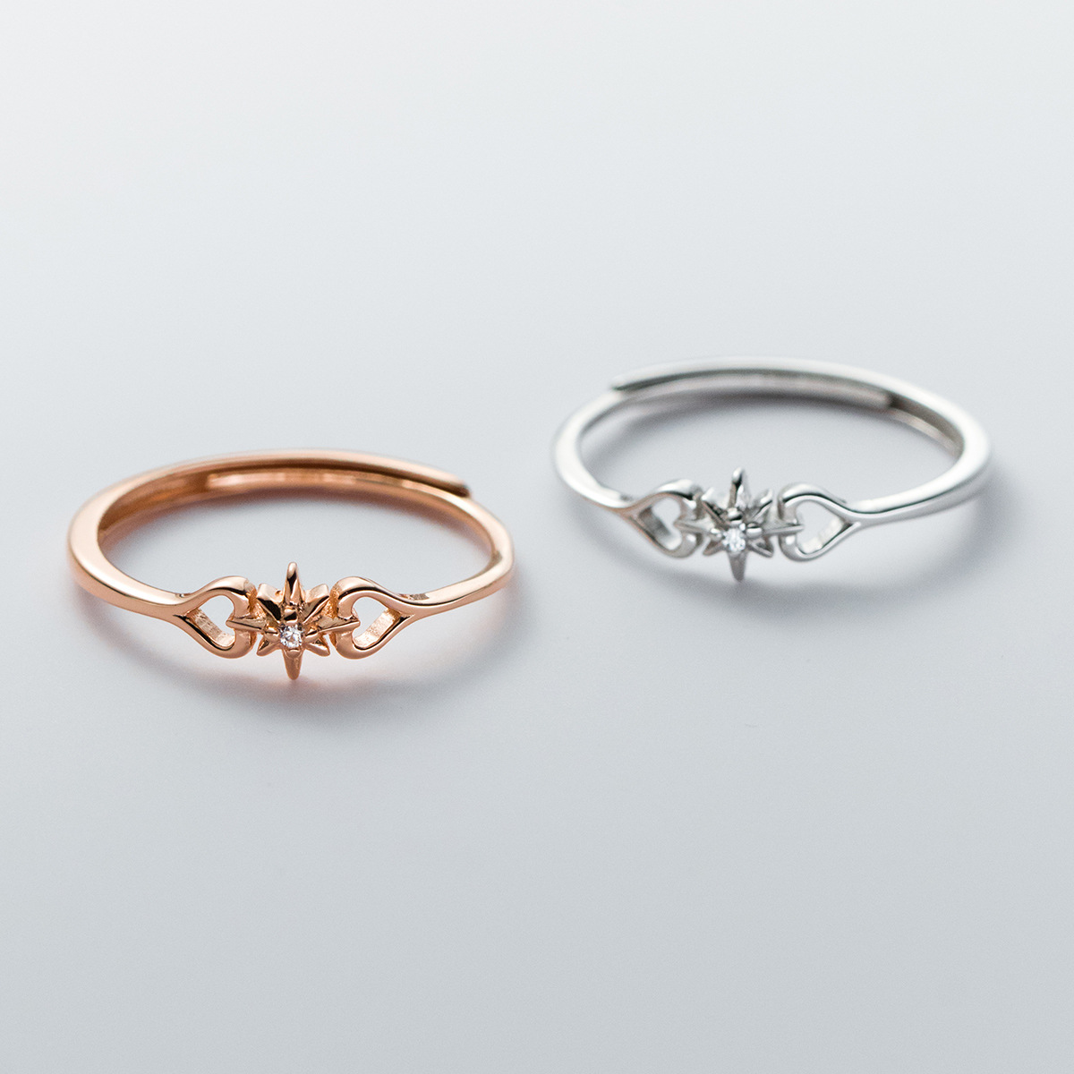 爱洛奇 s925纯银镶钻爱心星芒戒指甜美精致气质女式食指戒r01364