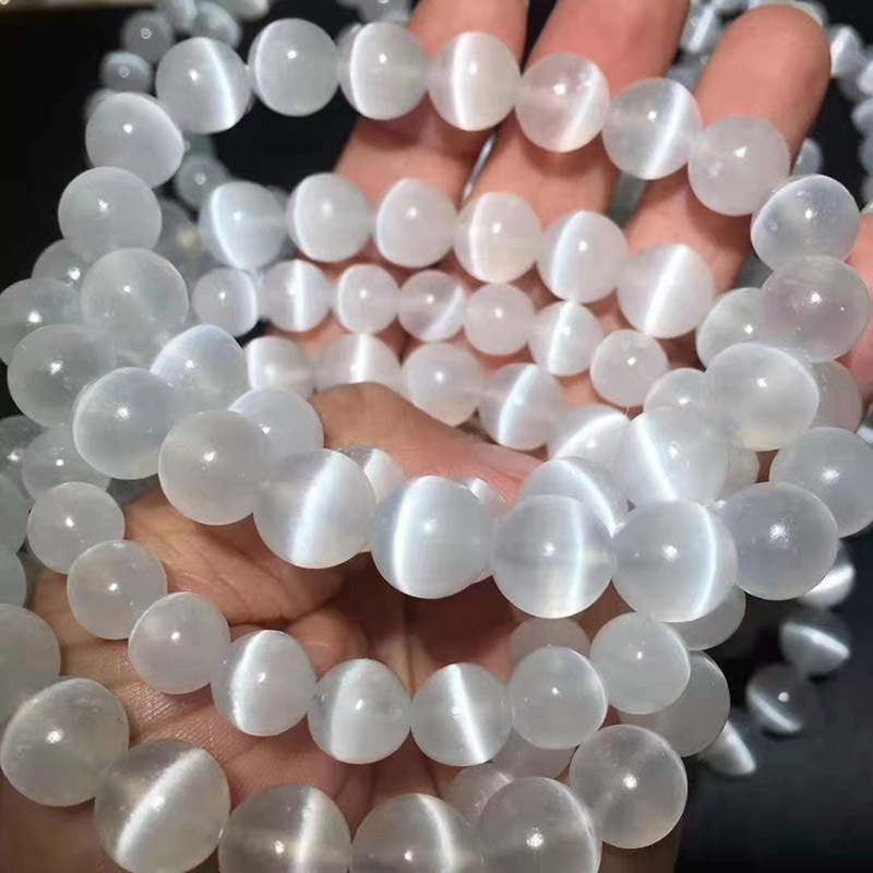 泓缘 摩洛哥透石膏单圈手链 白色奶油体情侣猫眼石圆珠手串 批发