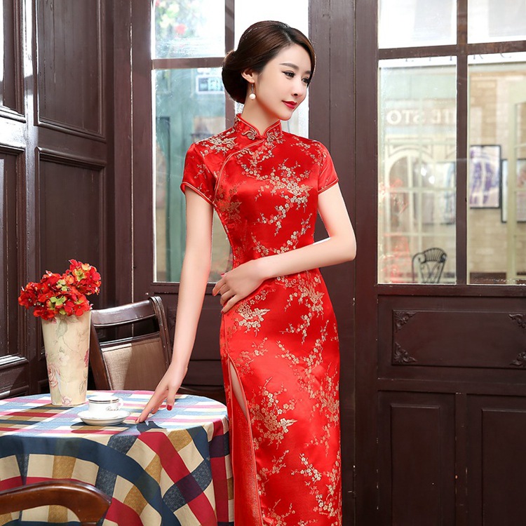 民族风织锦缎短袖梅花长旗袍女中式改良连衣裙老上海走秀演出旗袍