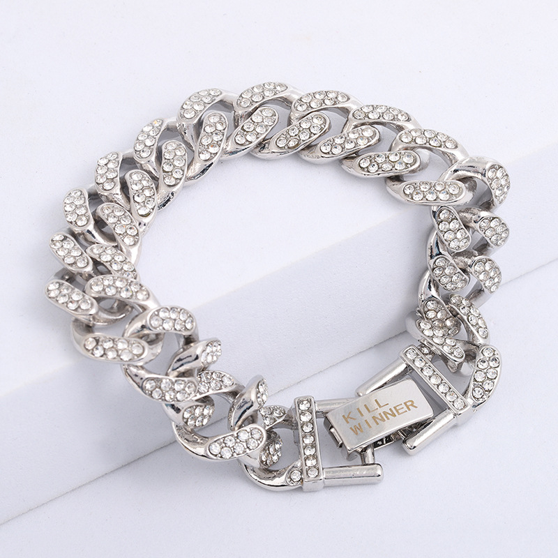 killwinner双排镶钻古巴手链镀真金手链男 ins饰品 合金情侣链手