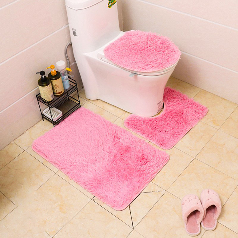 Solid Color Plush Toilet Three-Piece Floor Mat Bathroom Toilet Silk Wool Floor Mat Suit PV Fleece Carpet