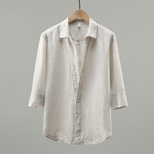 926 纯亚麻白色男士衬衫七分袖麻料宽松薄款透气纯色衬衣男装中袖