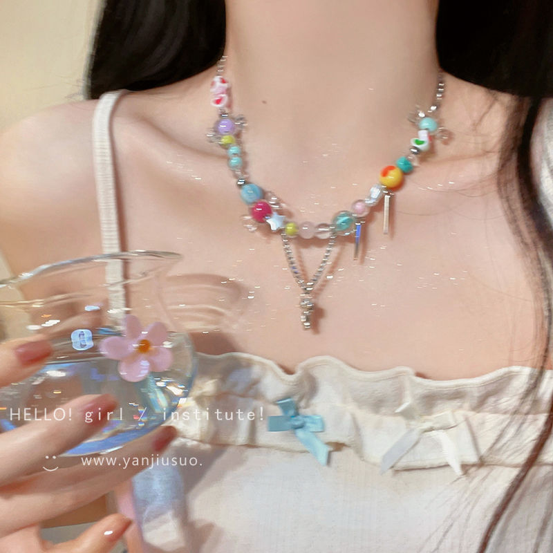 Sweet Cool Girl ~ Colorful Beaded Love Necklace Female Ins Trendy Special-Interest Design Light Luxury High-Grade All-Match Clavicle Chain