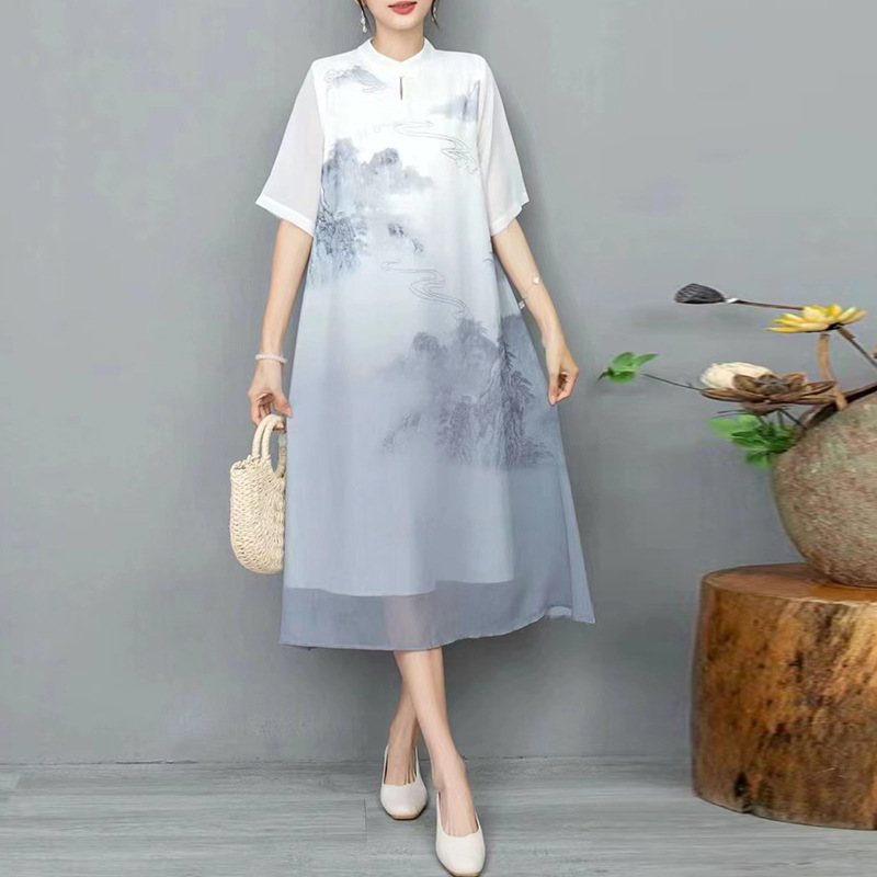 印花改良旗袍连衣裙女2024夏季胖mm大码显瘦女士妈妈雪纺绣花长裙