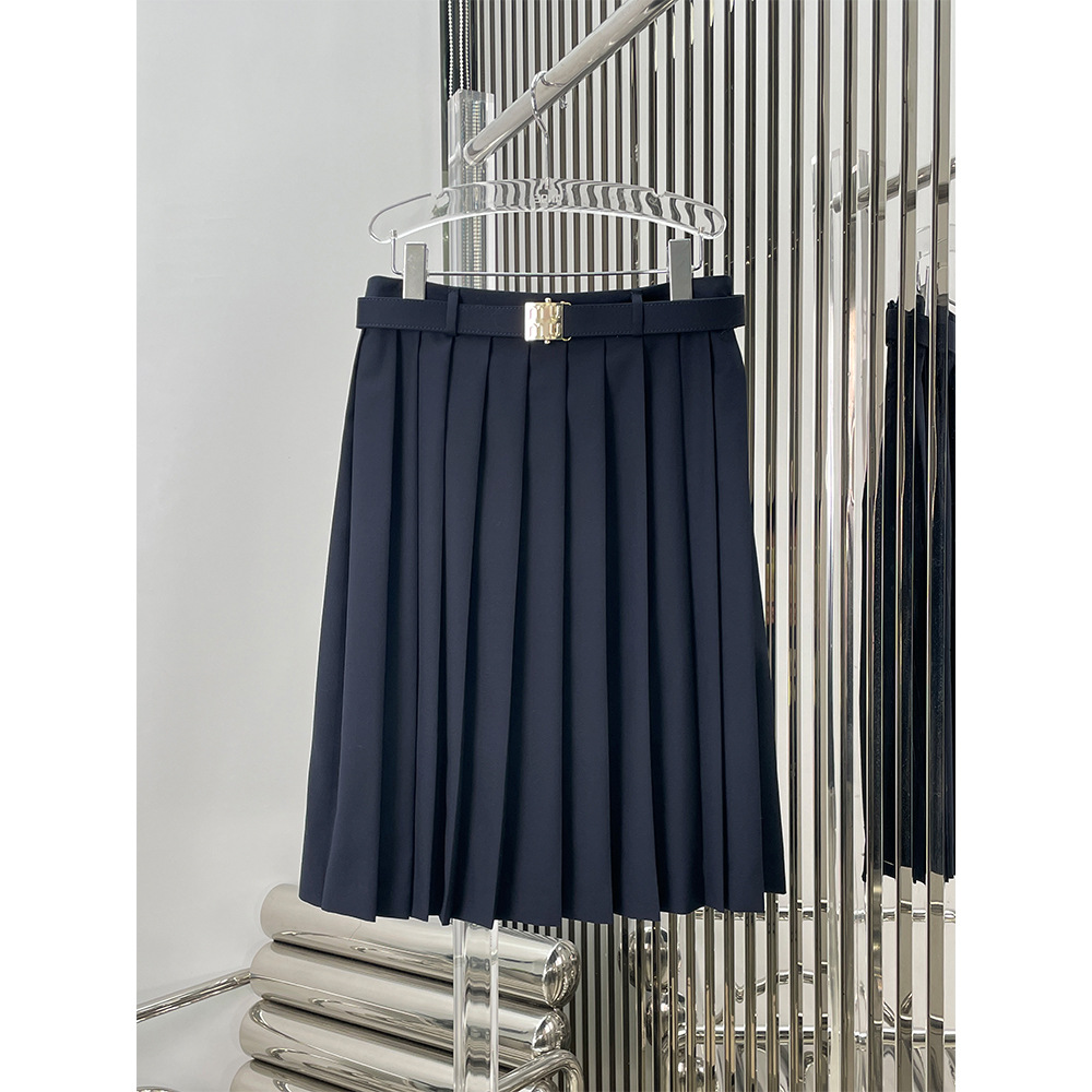 miu 百褶裙短裙半身裙高腰显瘦23夏季复古学院风藏蓝色压a字裙女