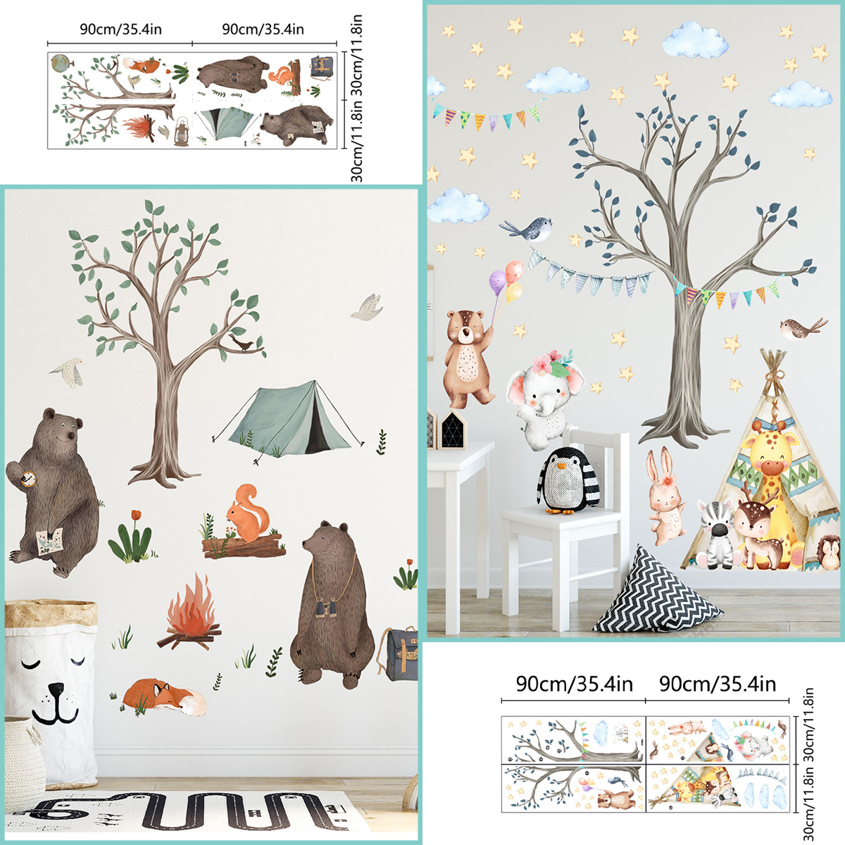一米墙贴手绘大树树枝熊森林动物墙贴纸背景墙装饰自粘墙贴画卡通