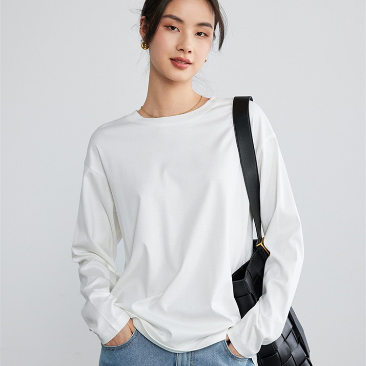 2023经典小白t光泽感白色t恤女长袖秋冬宽松男女叠穿内搭打底衫棉