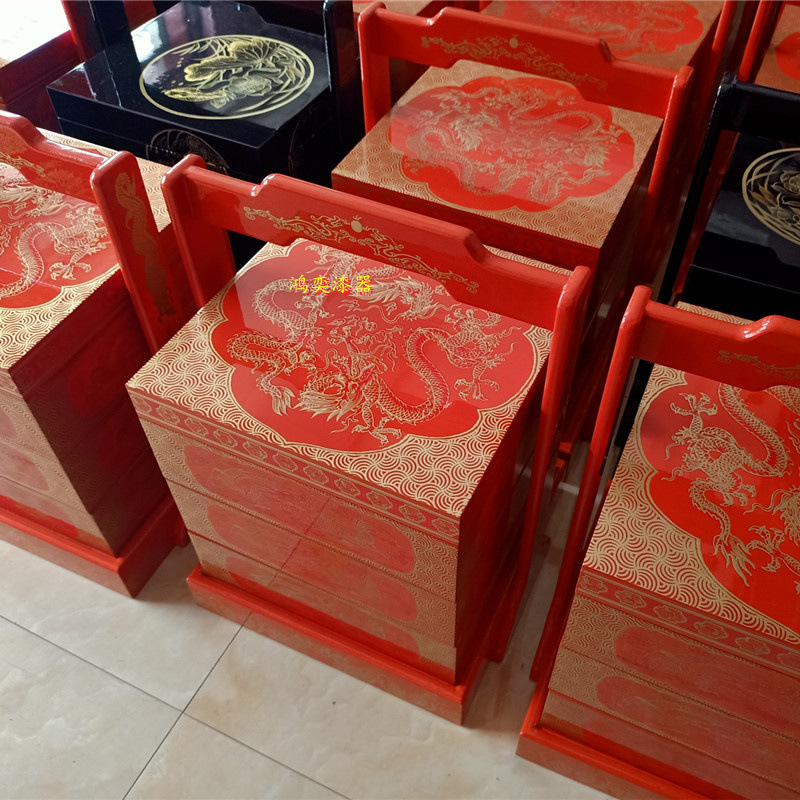 仿汉代漆器木质手提篮提盒 多层食盒结婚礼盒 中国风漆器彩绘食盒